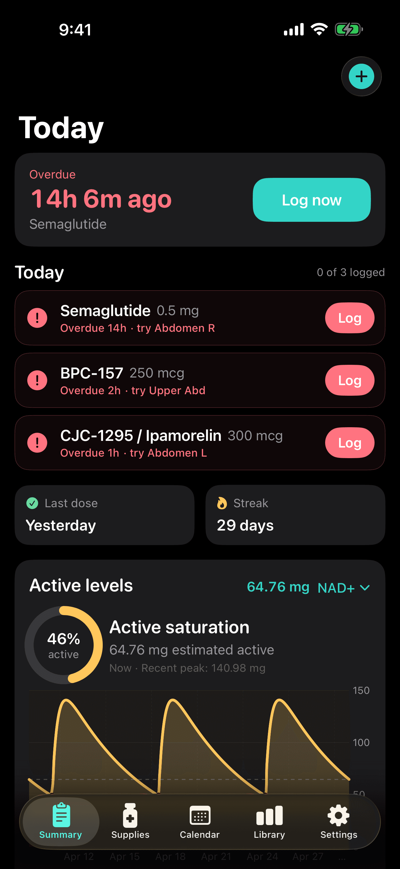 Stackr Today view with one-tap dose logging